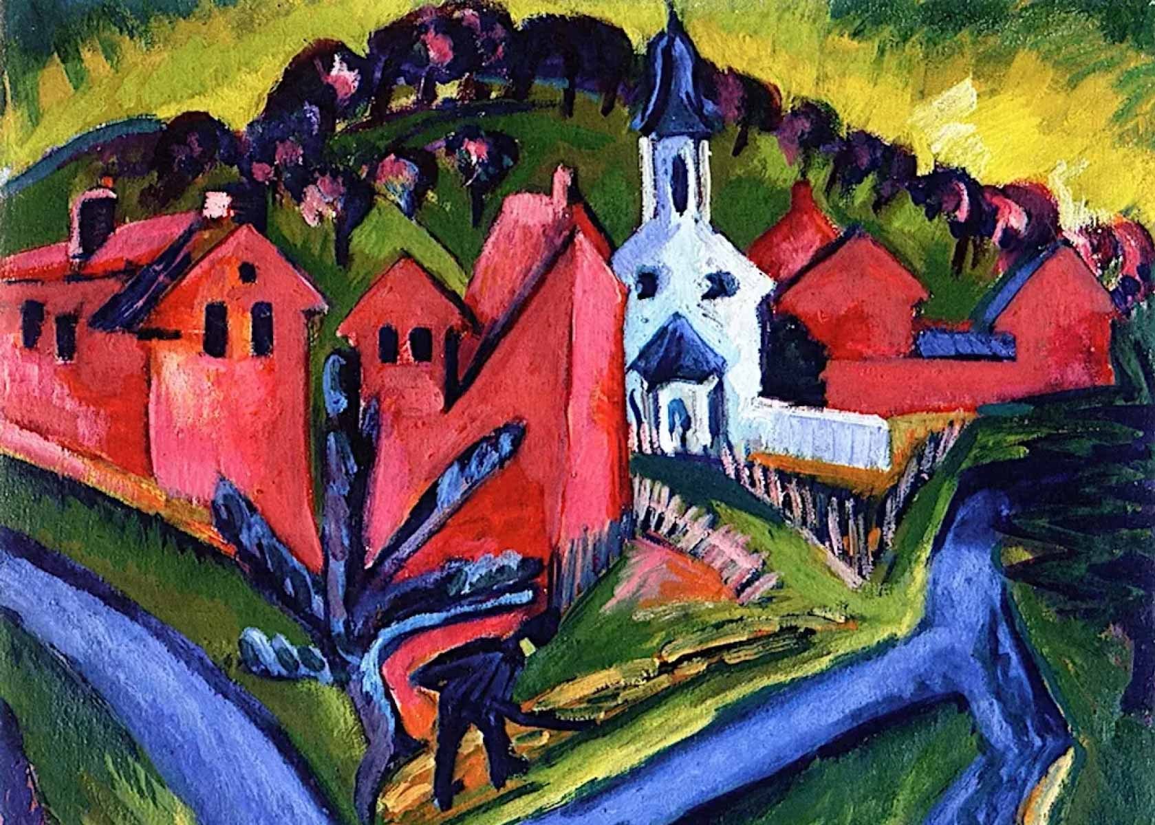 تصویر روی جلد نخسه فارسی کتاب مرگ به وقت بهار از نشر بیدگل (Village with blue roads (1915), Ernst Ludwig Kirchner)